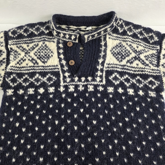 Nepal Men's Chunky Hand Knit Wool Sweater Black White Nordic Pattern - Picture 4 of 12